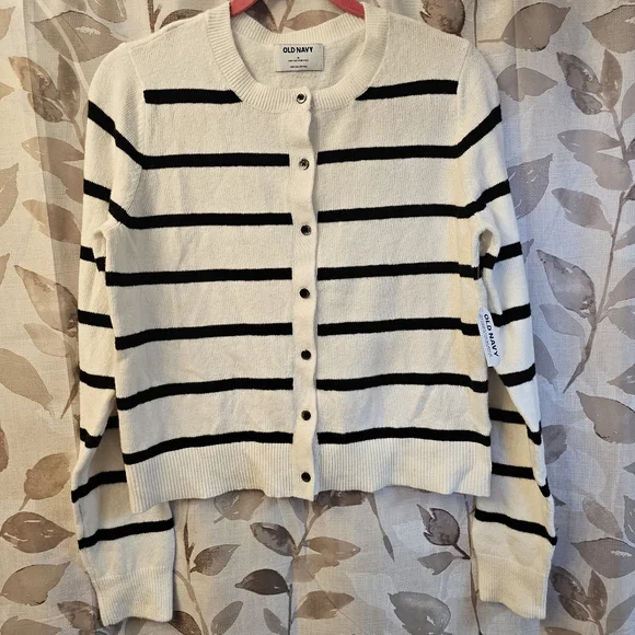 Old Navy Cotton Black White Striped Long Sleeve Button Up Cardigan Sweater M NWT - Picture 1 of 7